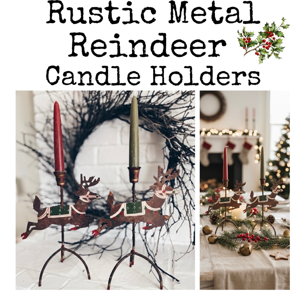 Candle Holder Pair Christmas Reindeer Rustic